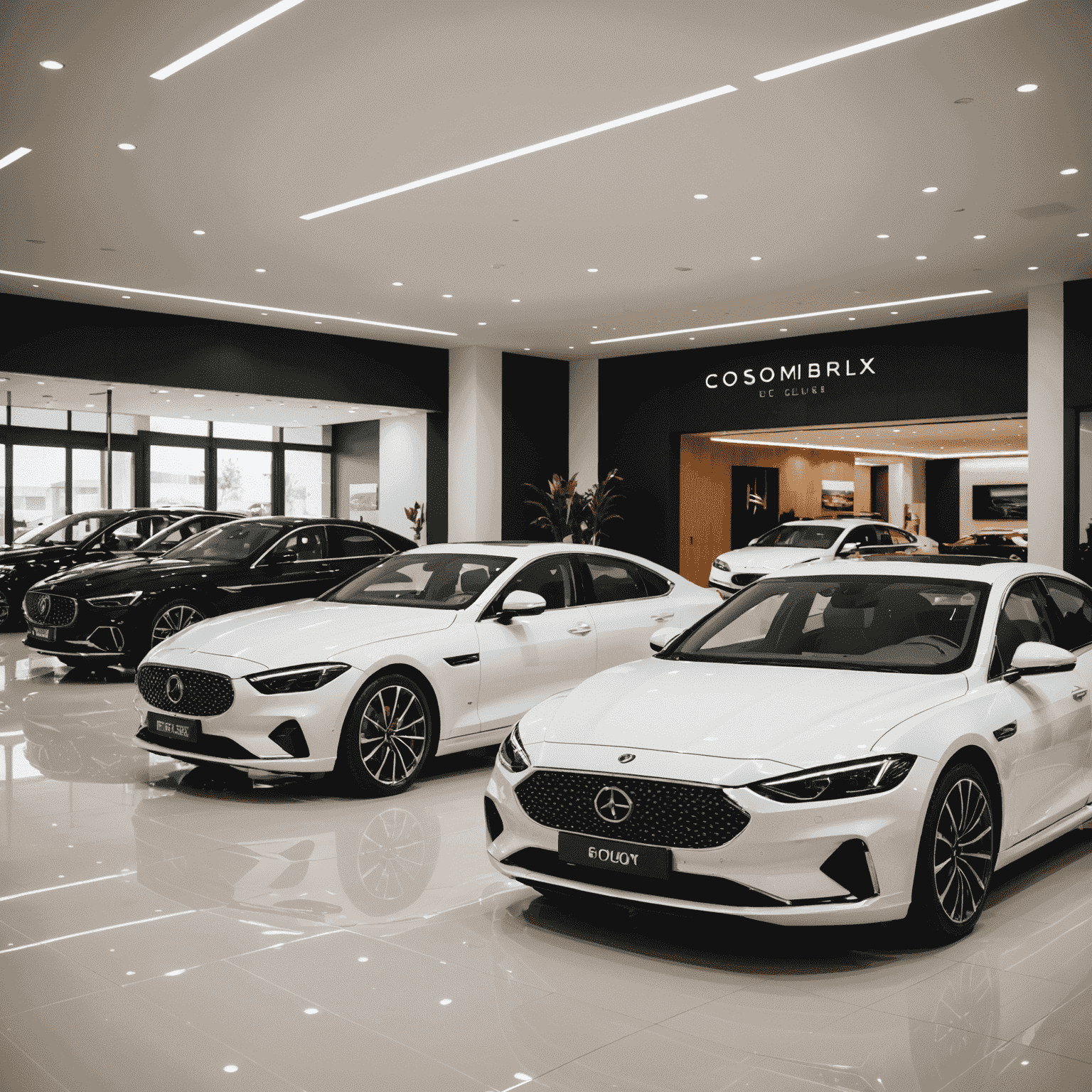 Various new luxury car models parked in a showroom, showcasing sleek designs and advanced features