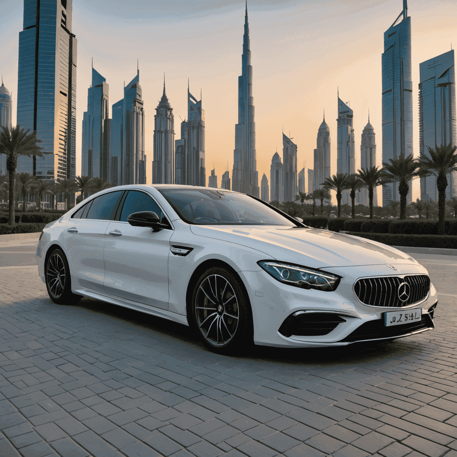 A sleek, modern luxury car parked in front of Dubai's iconic Burj Khalifa at sunset, showcasing the latest addition to our rental fleet