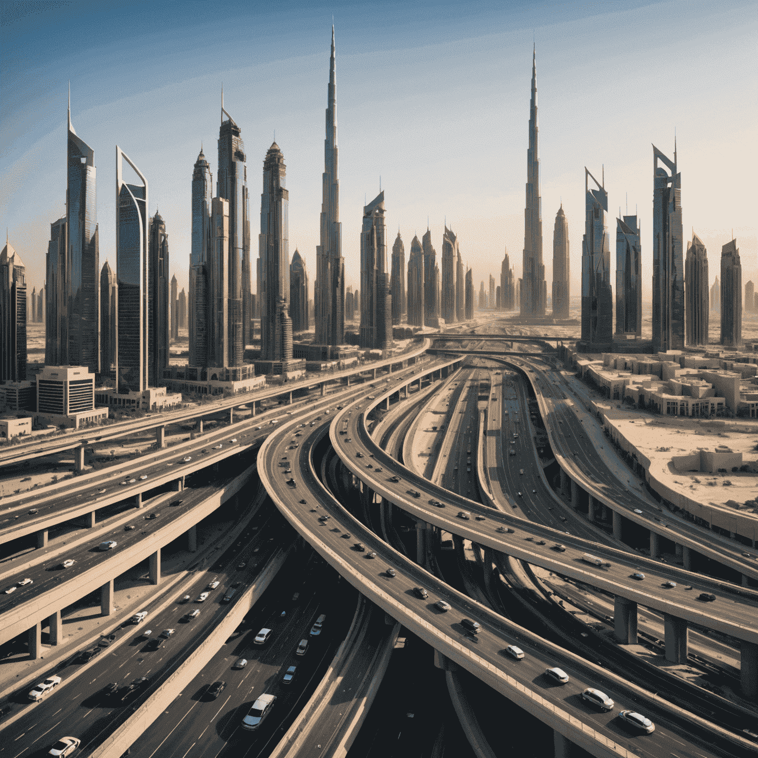 Dubai skyline with modern highways and traffic, showcasing the city's advanced road infrastructure