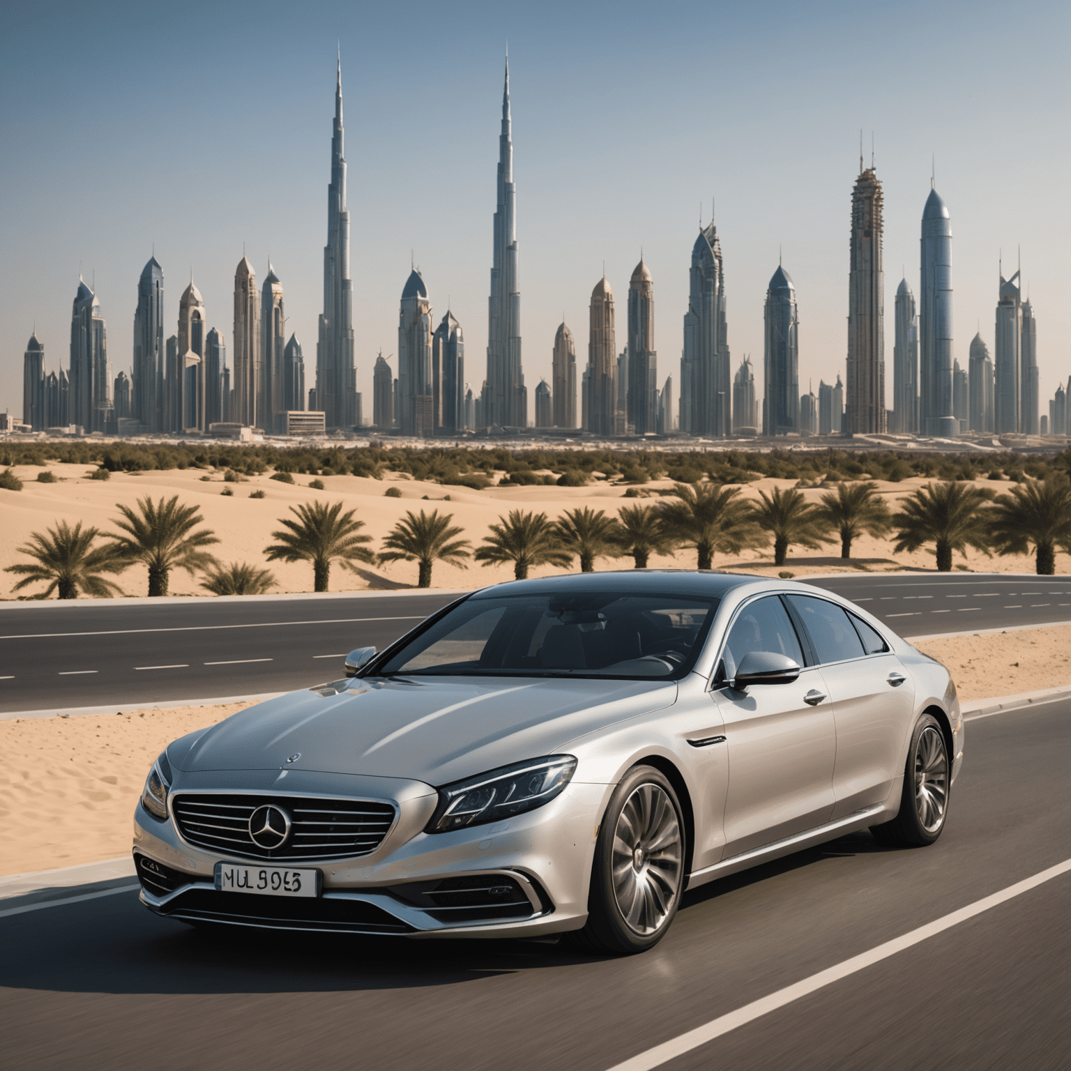 Panoramic view of Dubai's skyline with a luxury car in the foreground, showcasing the blend of modern architecture and desert landscape
