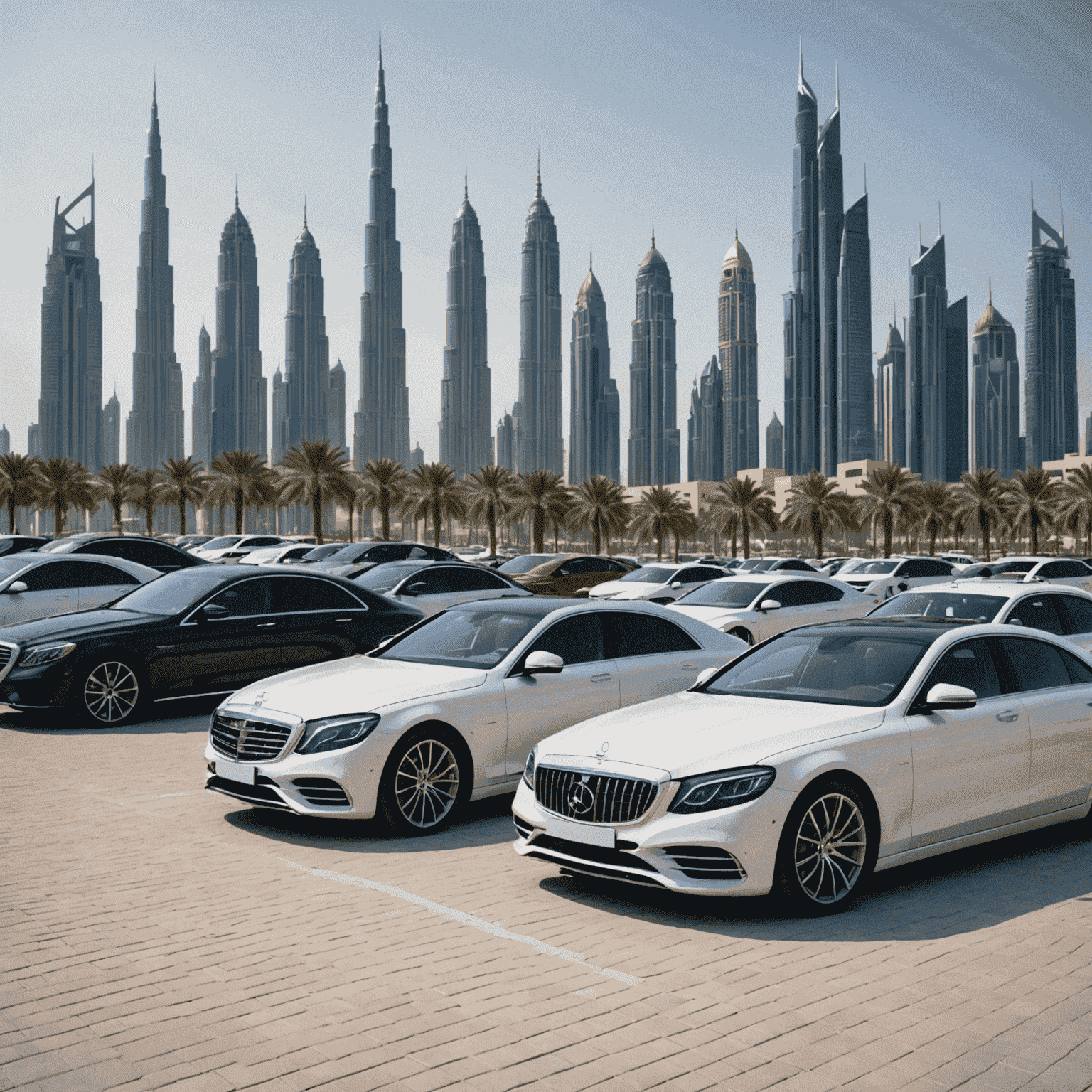 A diverse lineup of luxury cars including sedans, SUVs, and sports cars parked in a showroom with Dubai skyline in the background