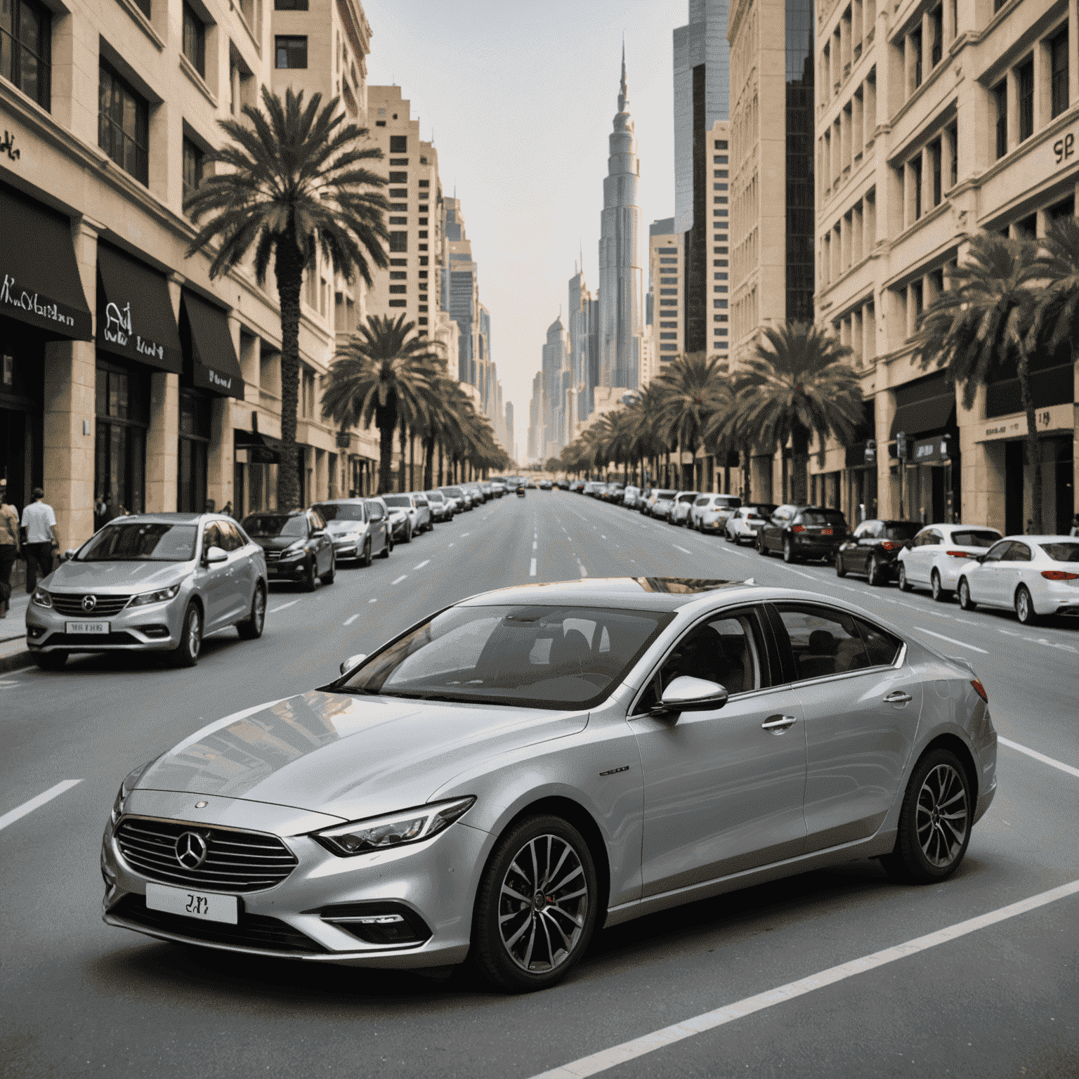 A sleek, silver compact car perfect for navigating Dubai's busy streets. Fuel-efficient and easy to park.