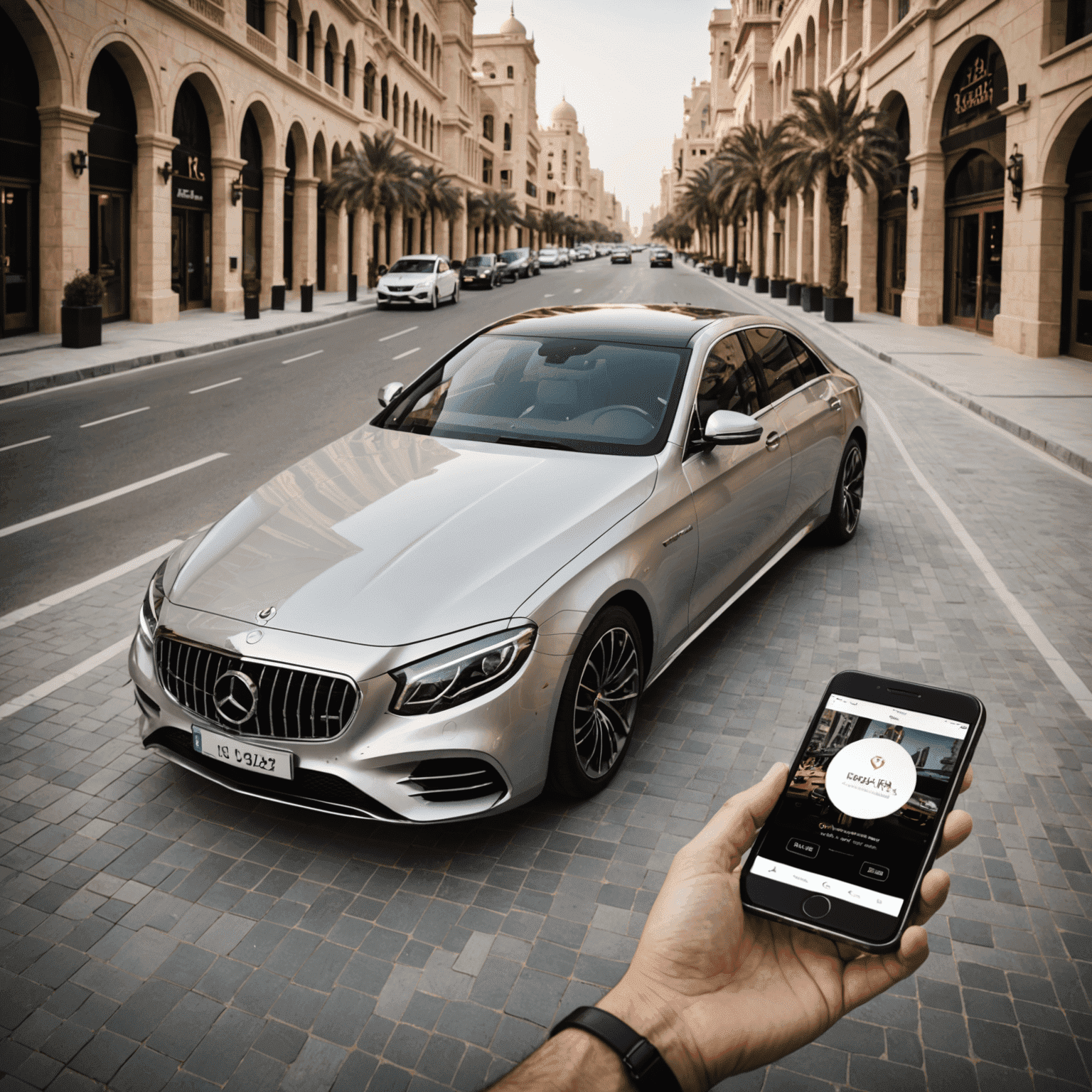 A luxurious car being booked on a sleek mobile device, showcasing the ease of our online booking system in Dubai