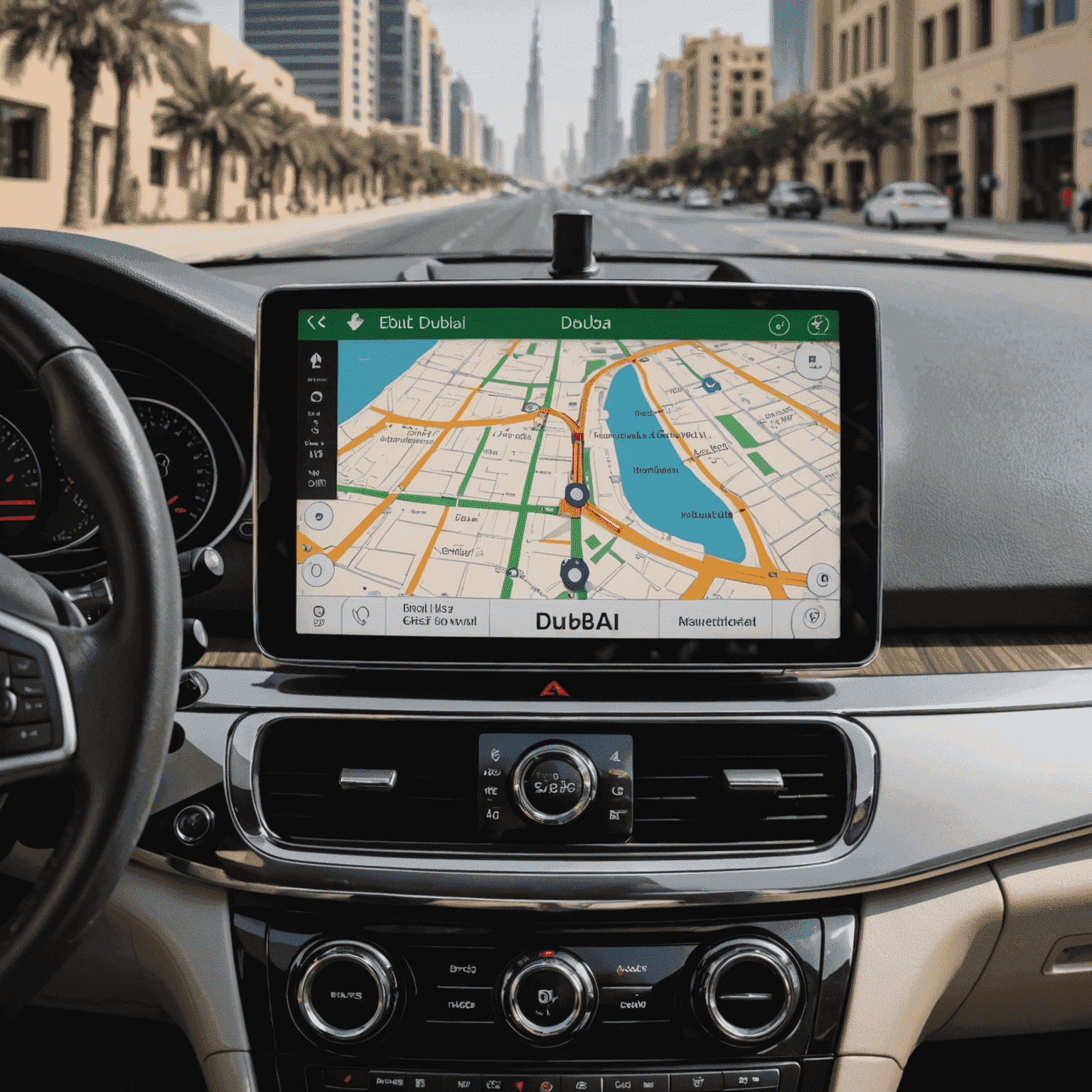Modern GPS navigation system mounted on a car dashboard, showing a map of Dubai streets