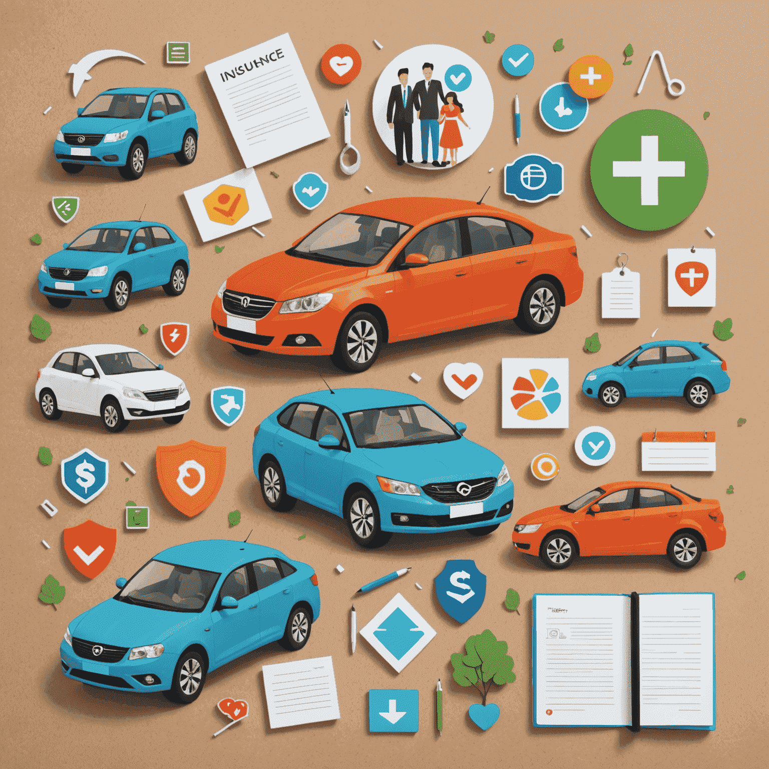 A collage showing various insurance benefits such as a protected car, a happy family, and a checkmark symbolizing coverage