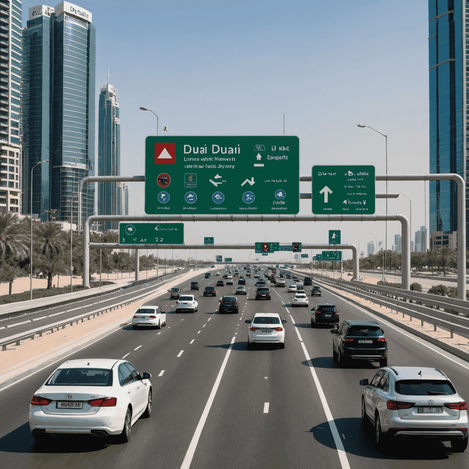 New Dubai traffic signs and regulations displayed on a digital board, with cars driving on a modern highway in the background