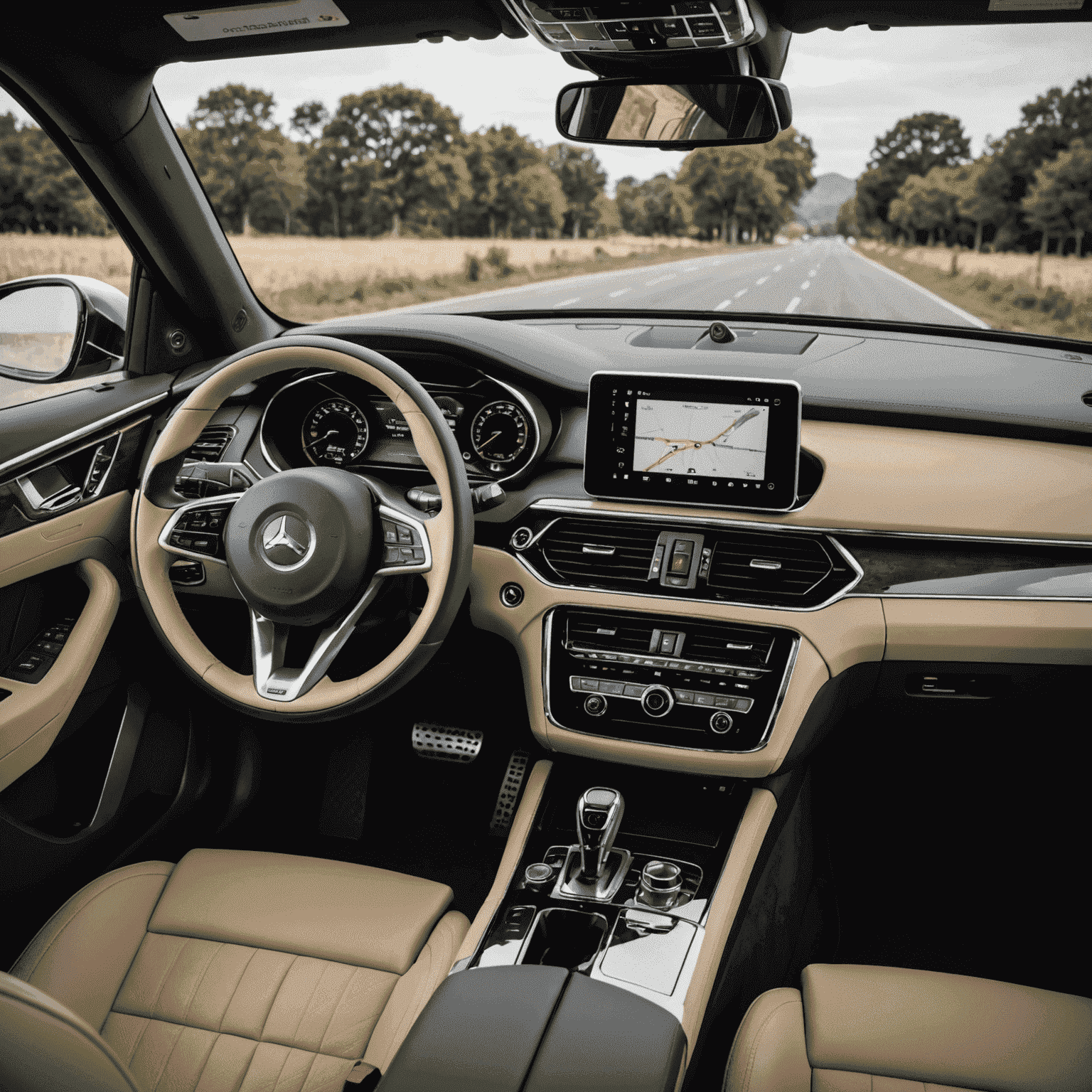 Interior view of a high-end car dashboard, showcasing advanced technology features and luxurious materials