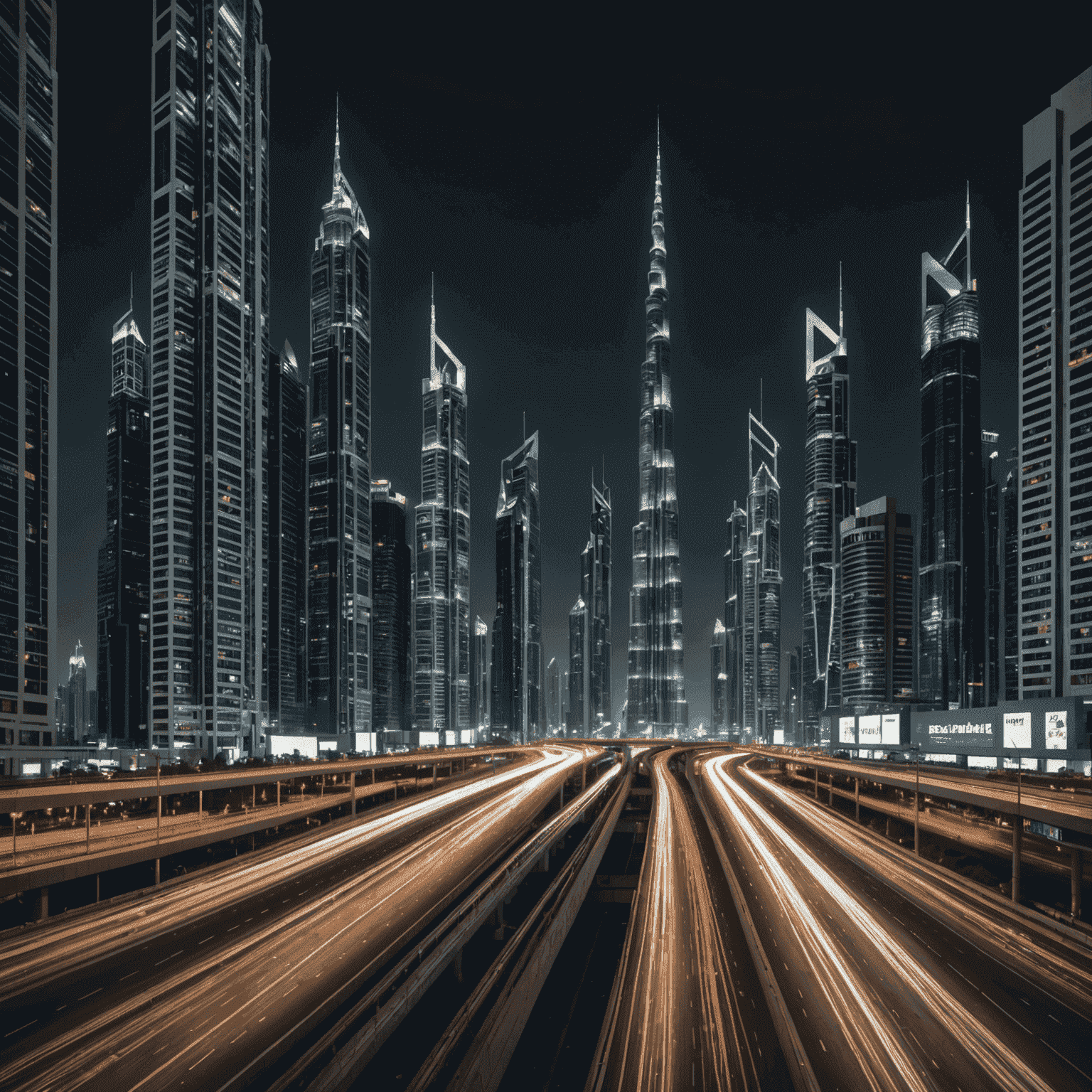 Night view of Sheikh Zayed Road with illuminated skyscrapers and light trails from passing cars, emphasizing Dubai's modern cityscape