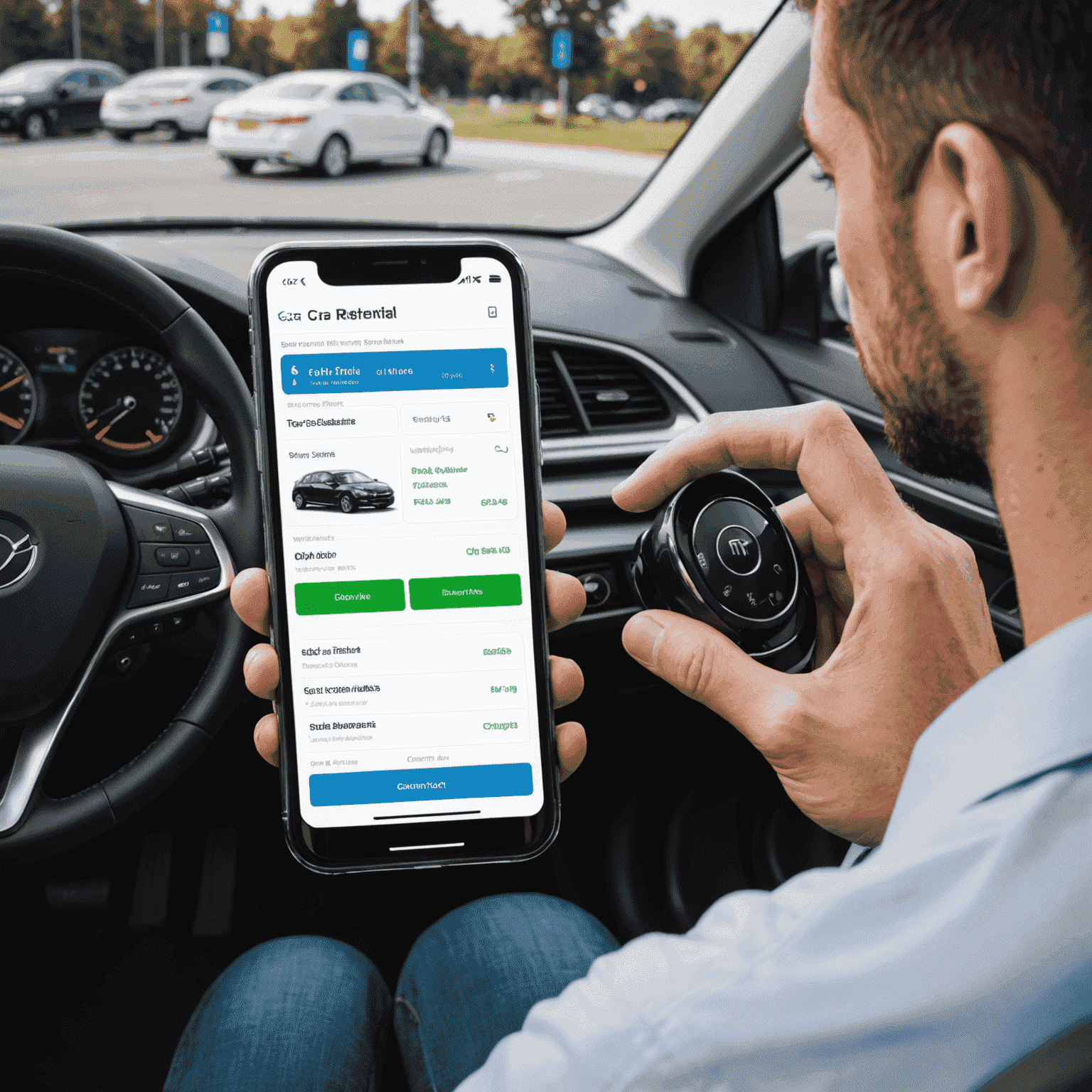 A person using a smartphone to book a car rental, with a sleek interface showing car options and pricing