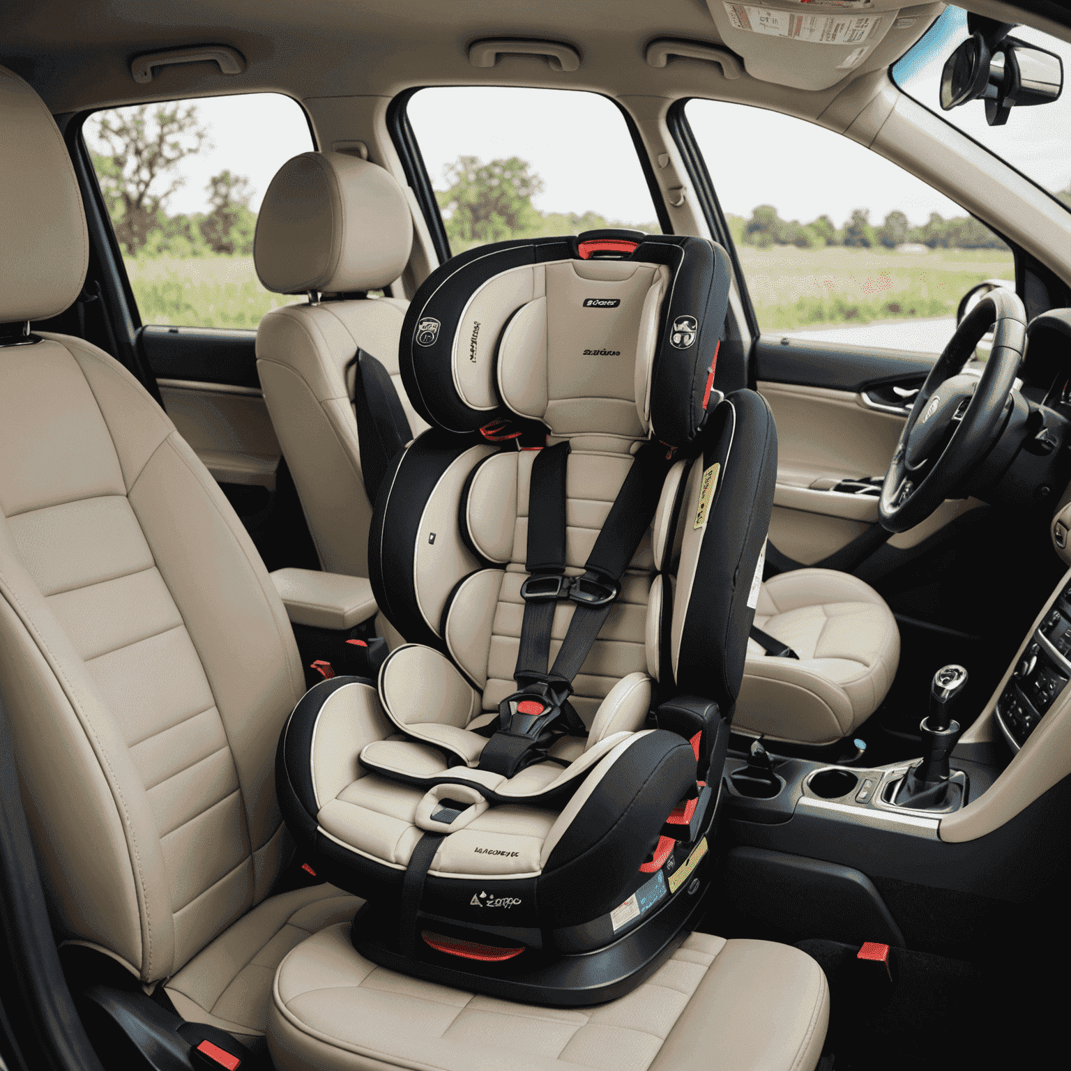 Various child car seats for different age groups, showcasing safety features