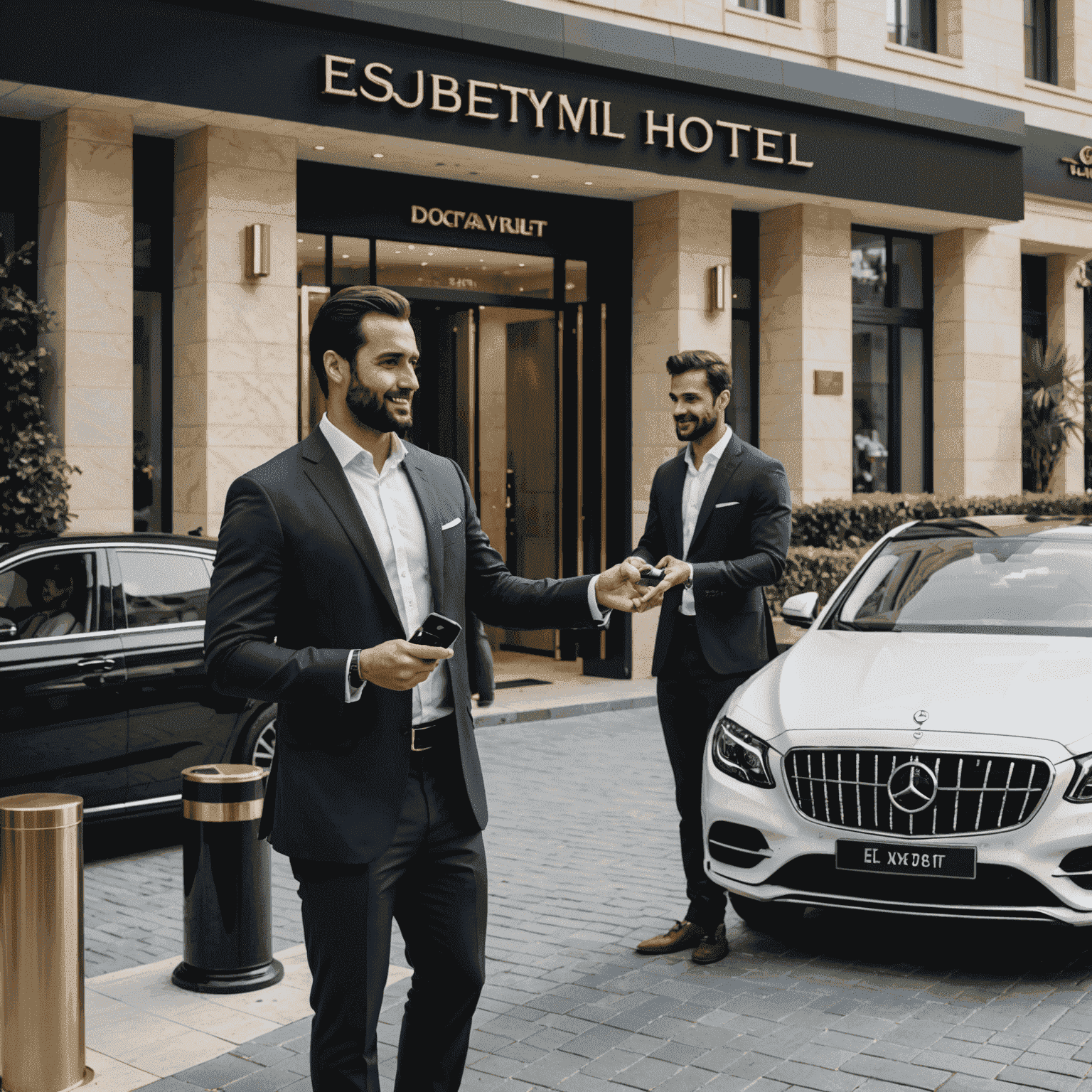 Luxury hotel entrance with Quick Cars Rent Dubai valet handing over car keys to a customer