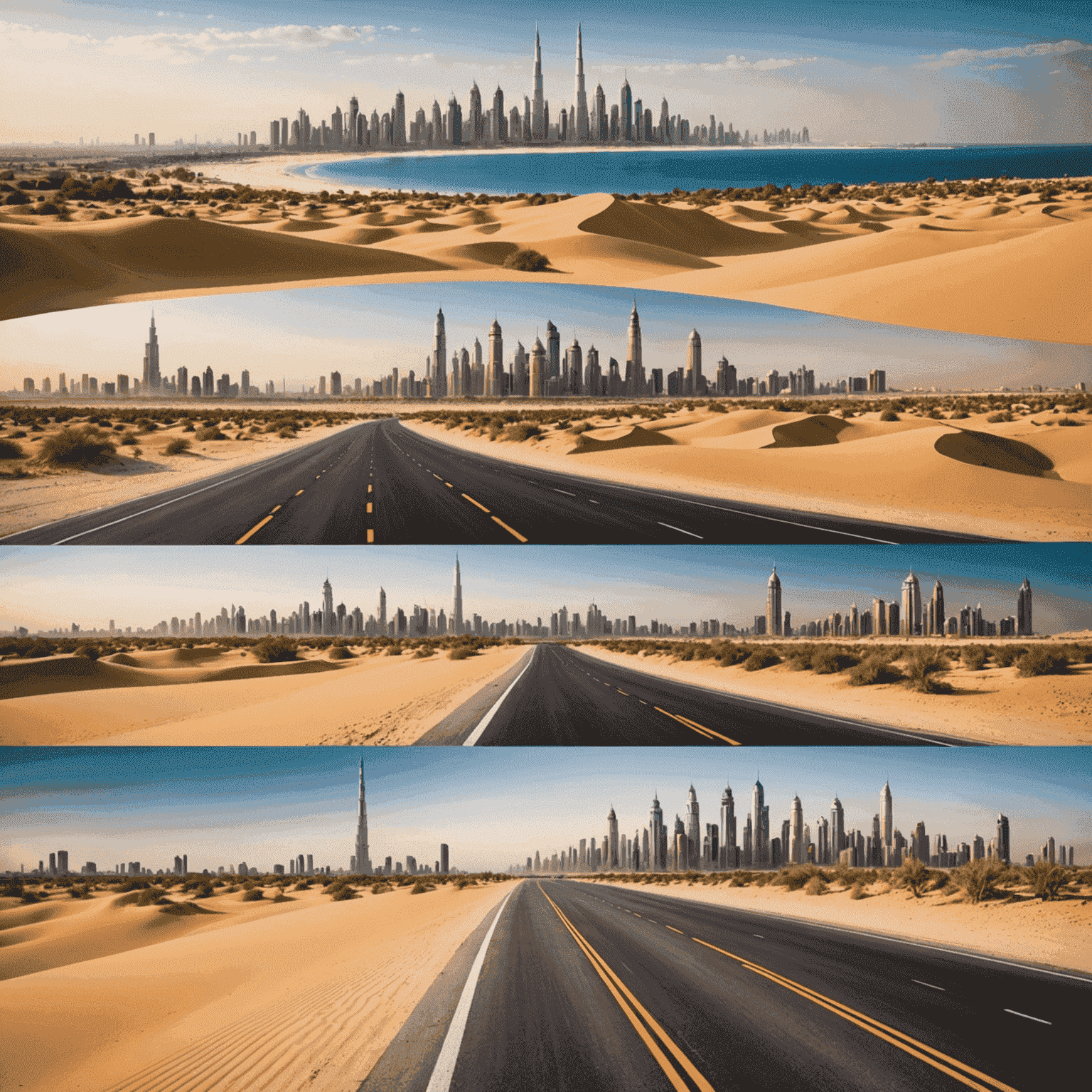 Collage of five breathtaking Dubai landscapes, including desert dunes, coastal roads, and city skylines, ideal for scenic drives
