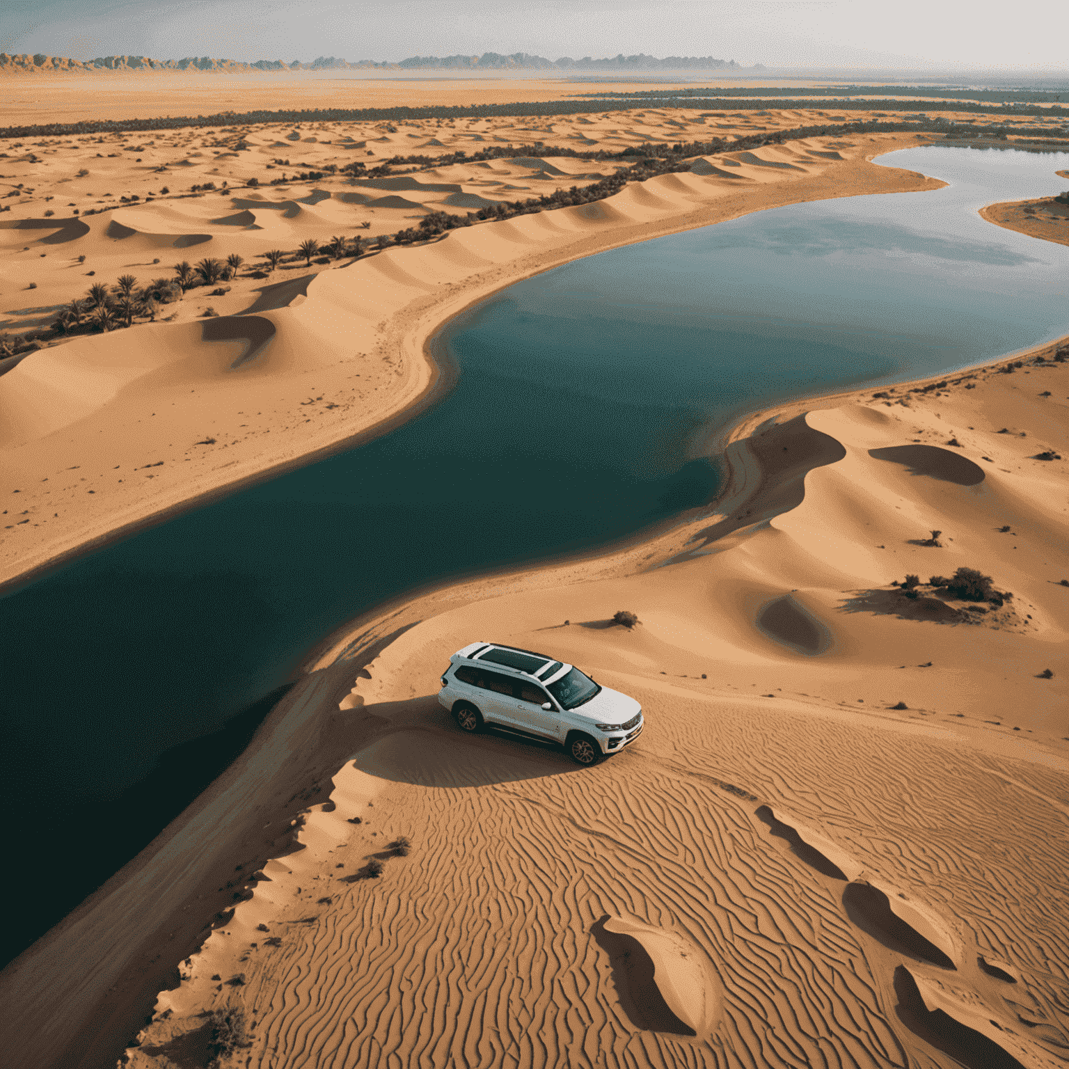 Aerial view of Al Qudra Lakes with desert dunes in the background and a luxury SUV parked near the water's edge