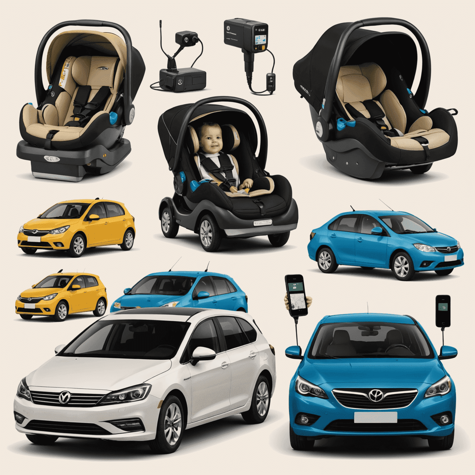 Collage of car rental add-ons including GPS device, child seat, and multiple driver silhouettes