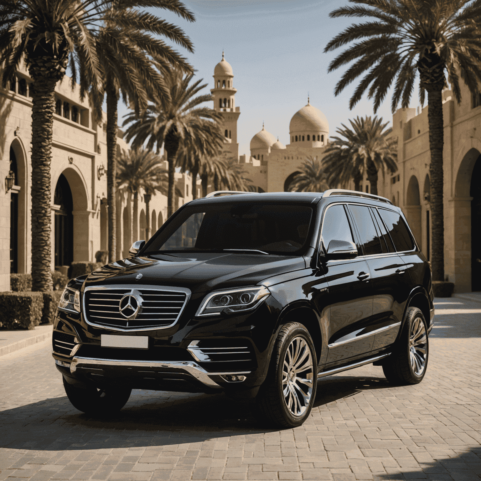 A luxurious black SUV with chrome accents, perfect for a high-end Dubai experience.