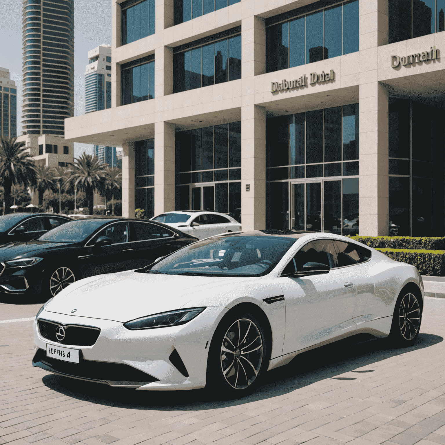 Modern Quick Cars Rent Dubai office in downtown Dubai with luxury cars parked outside