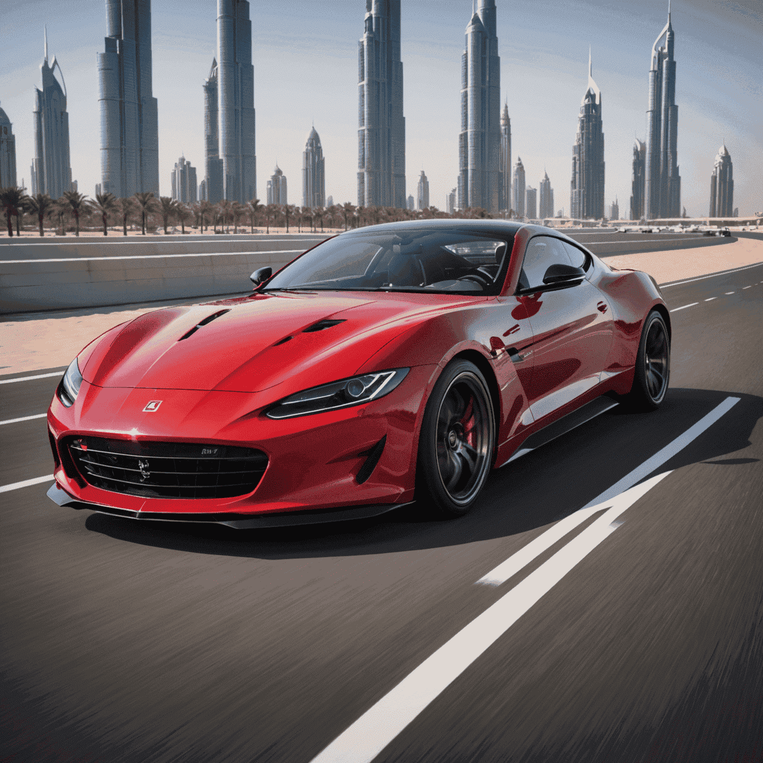 A sleek red sports car with aerodynamic design, ready for thrilling drives on Dubai's highways.