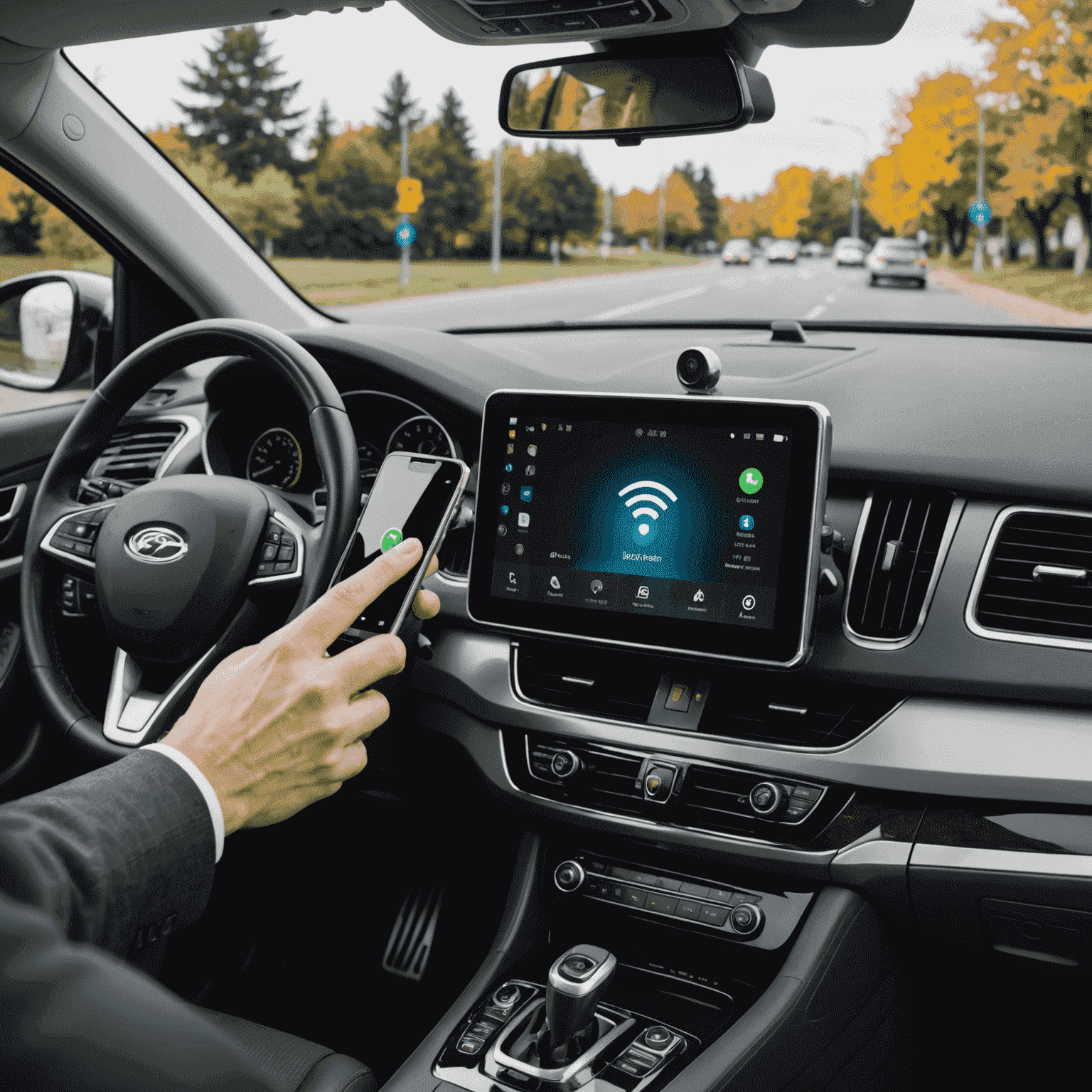 Portable Wi-Fi device in a car, showing signal strength and connected devices
