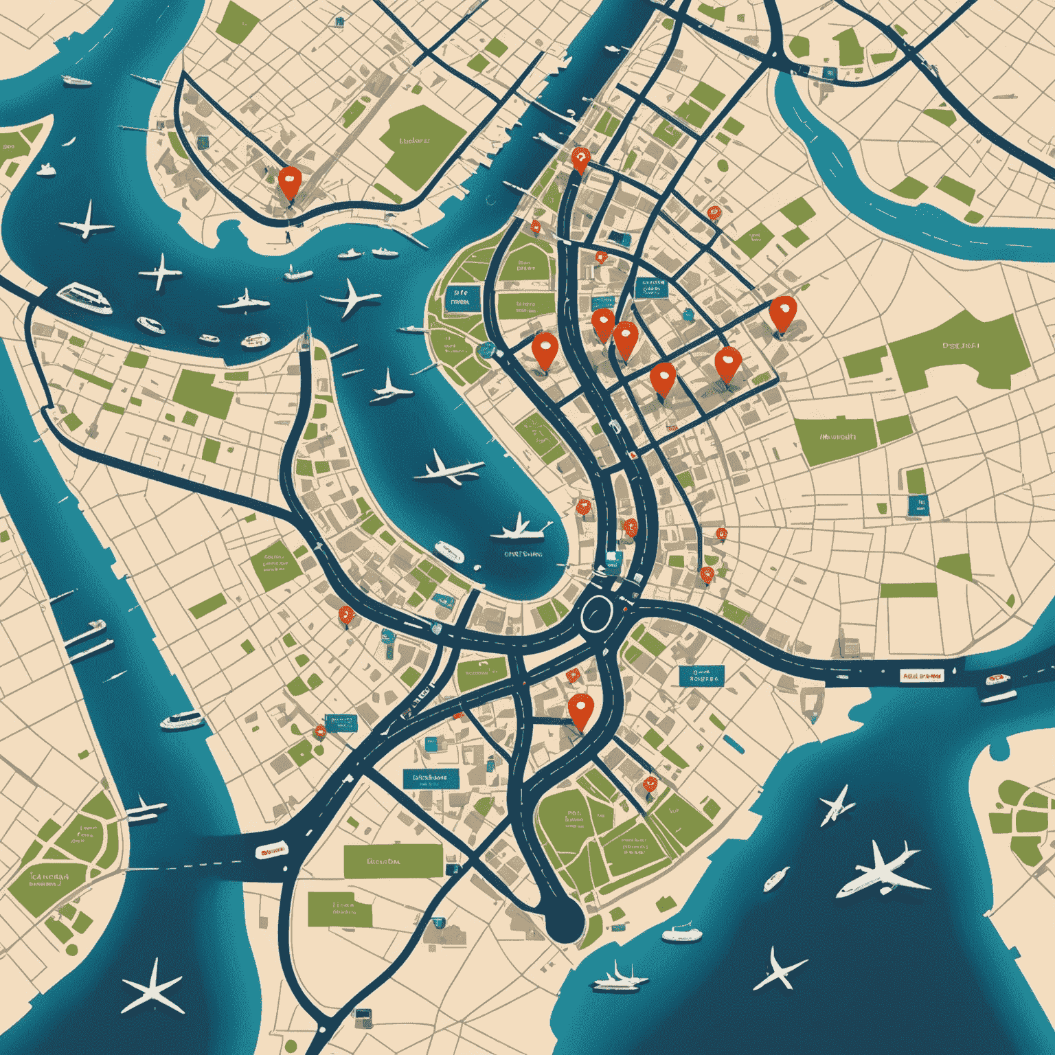Map of Dubai with multiple pin locations for car pickup and return, including airport and popular hotels