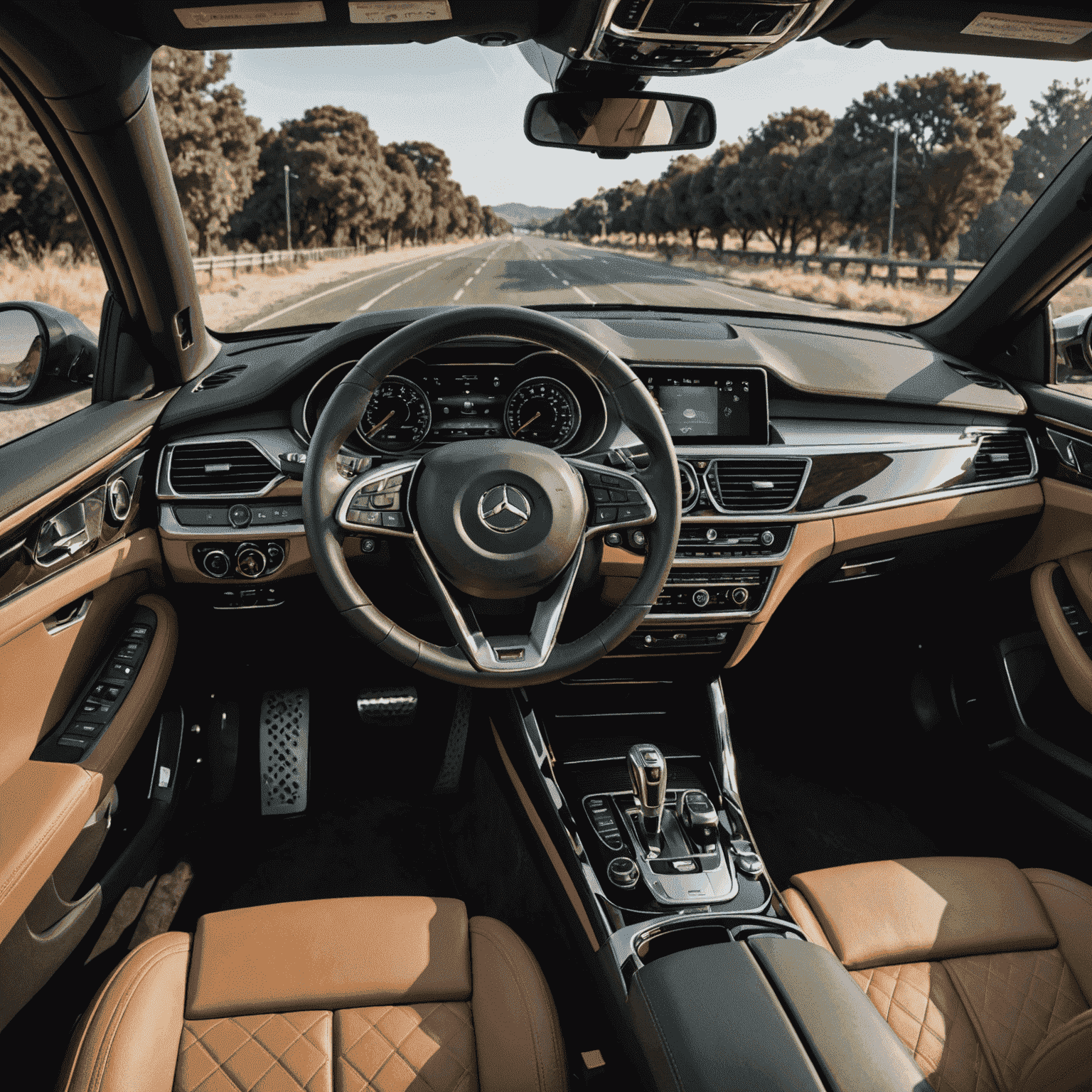 Interior of a luxury car, showcasing premium leather seats and advanced dashboard features