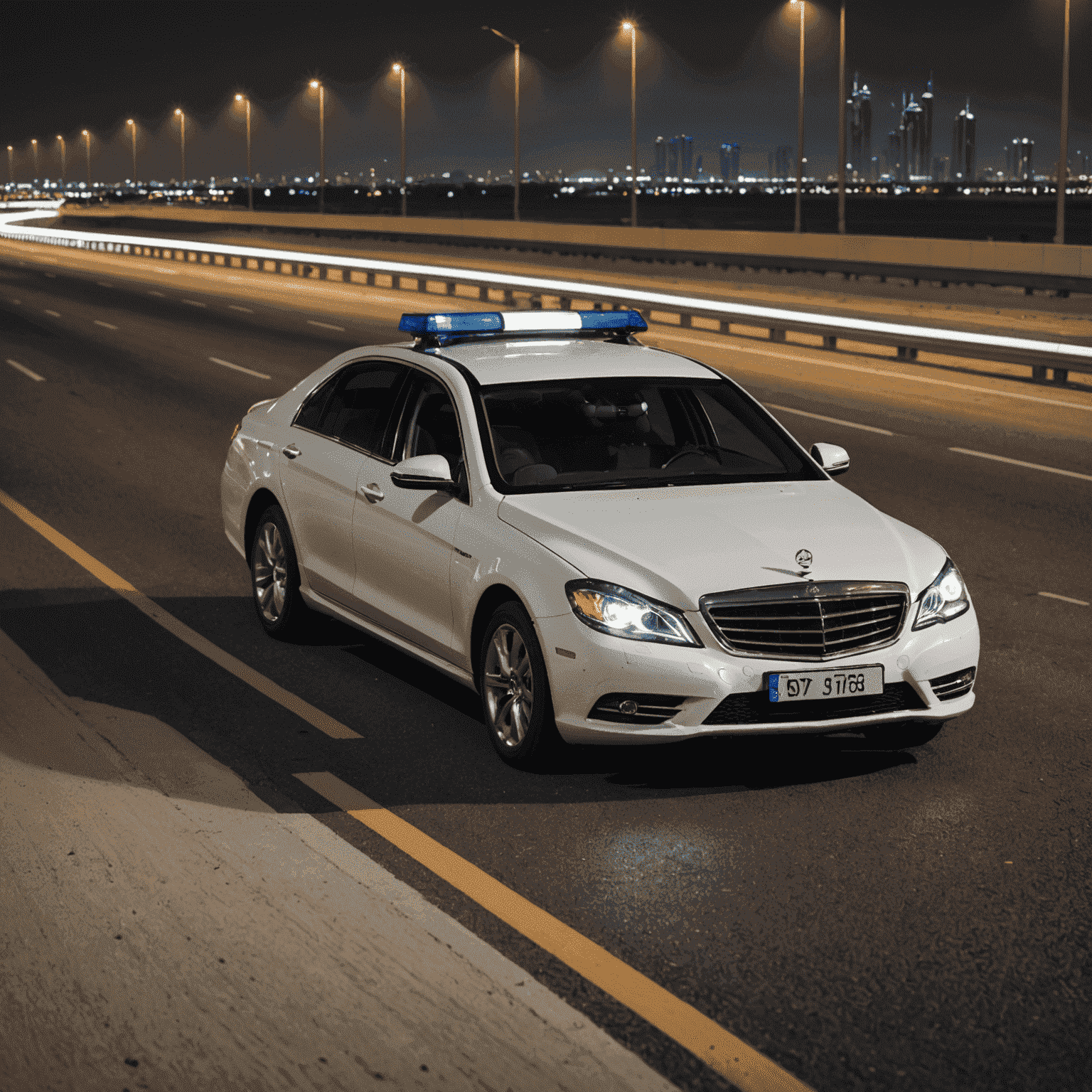 Roadside assistance vehicle helping a stranded car on a Dubai highway at night